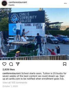 Canlis社區大學教授餐飲相關專業知識,這所非營利的社區大學,賺取的利潤在付掉貸款等必要開銷後,全數捐給了當地救助飢餓及輔導就業的組織。
